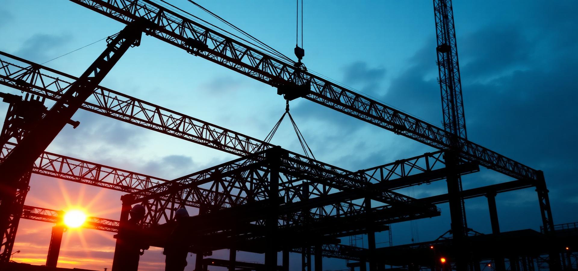 Crane lifting a steel truss on an Ethiopian construction site at dusk